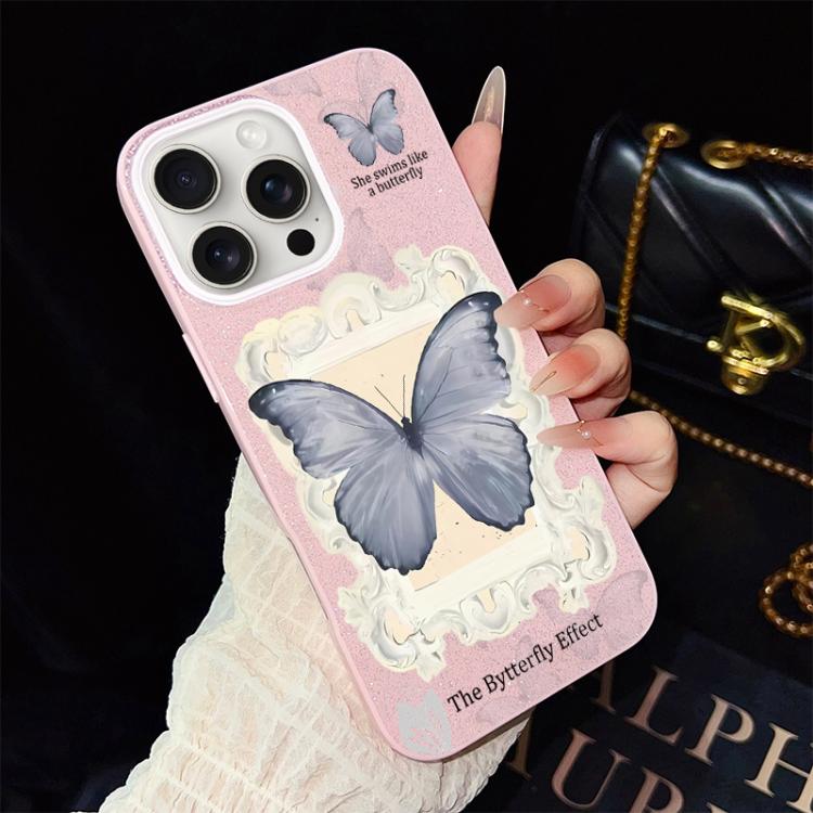 Custodia ibrida PC TPU con glitter farfalla blu per iPhone