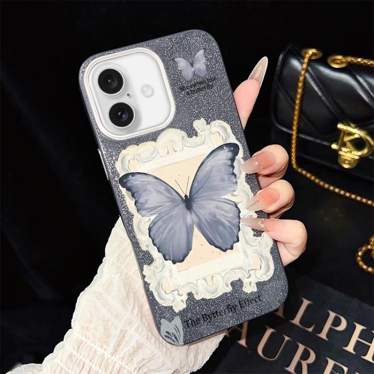 Custodia ibrida PC TPU con glitter farfalla blu per iPhone