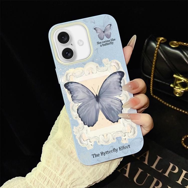 Custodia ibrida PC TPU con glitter farfalla blu per iPhone