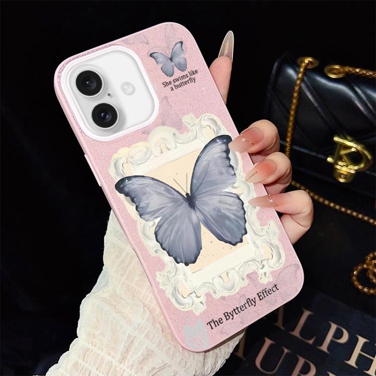 Custodia ibrida PC TPU con glitter farfalla blu per iPhone