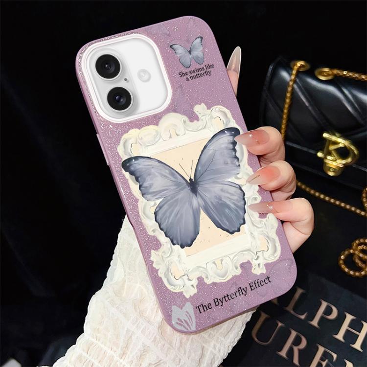 Custodia ibrida PC TPU con glitter farfalla blu per iPhone