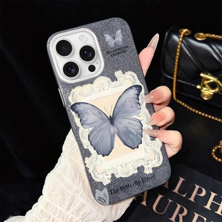 Custodia ibrida PC TPU con glitter farfalla blu per iPhone