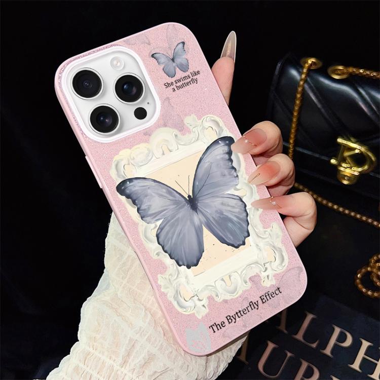 Custodia ibrida PC TPU con glitter farfalla blu per iPhone