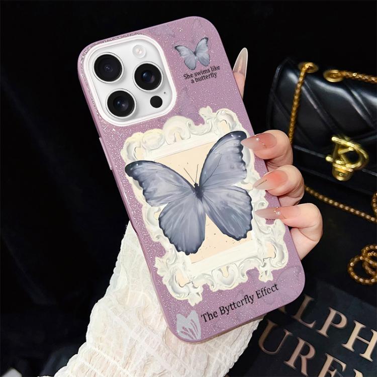 Custodia ibrida PC TPU con glitter farfalla blu per iPhone