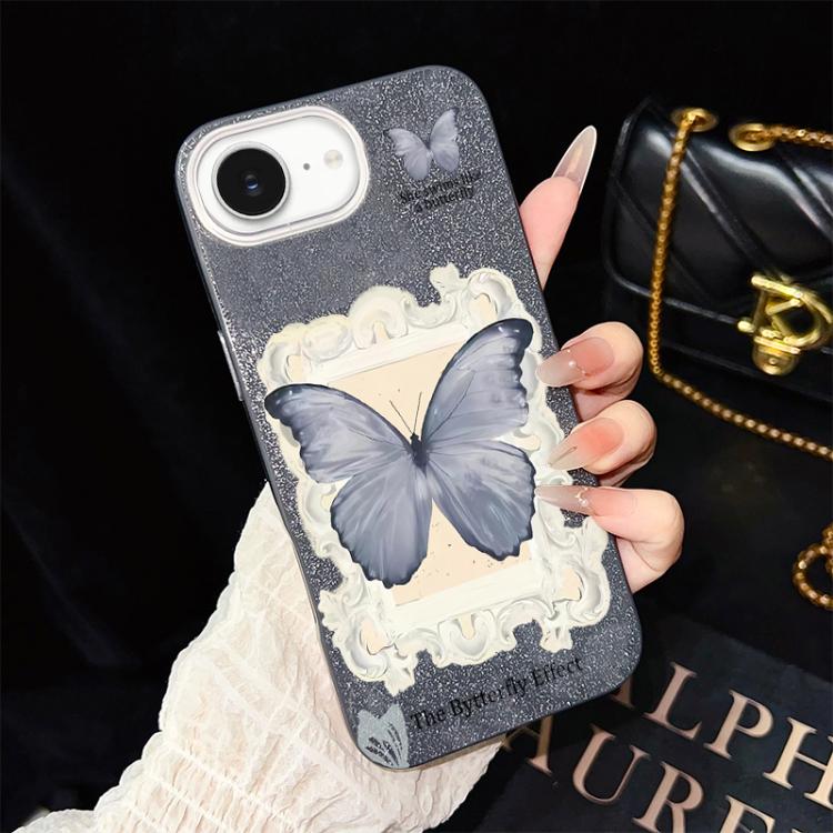 Custodia ibrida PC TPU con glitter farfalla blu per iPhone