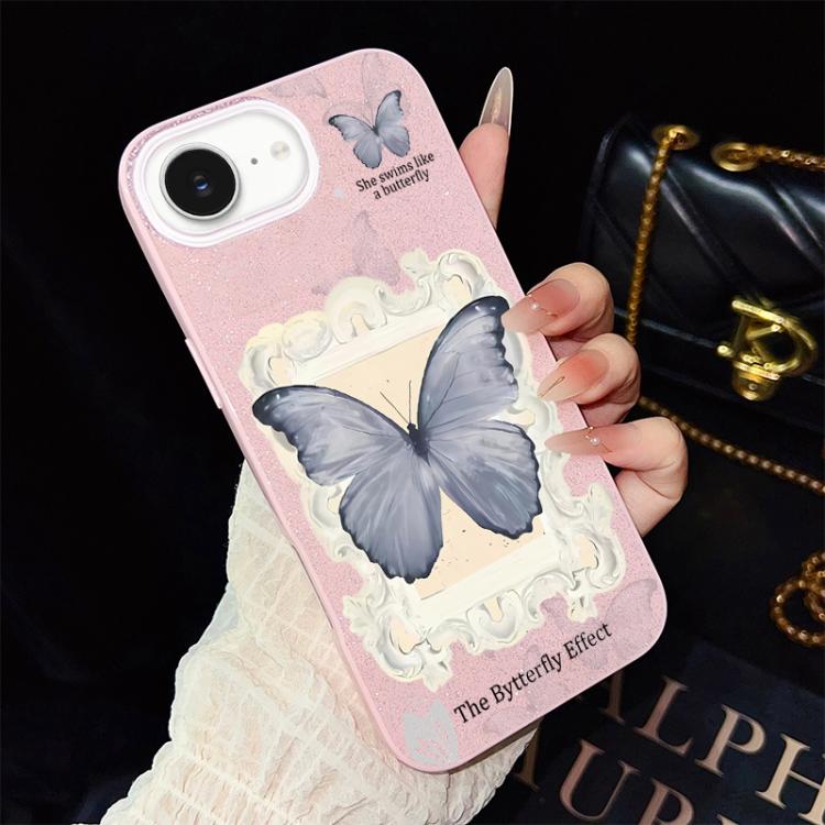 Custodia ibrida PC TPU con glitter farfalla blu per iPhone