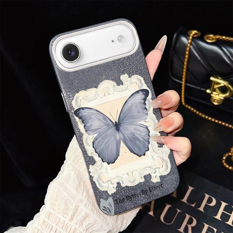 Custodia ibrida PC TPU con glitter farfalla blu per iPhone