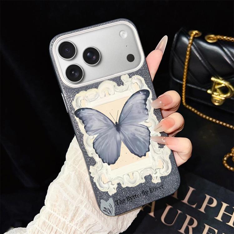 Custodia ibrida PC TPU con glitter farfalla blu per iPhone