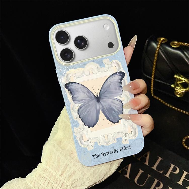 Custodia ibrida PC TPU con glitter farfalla blu per iPhone