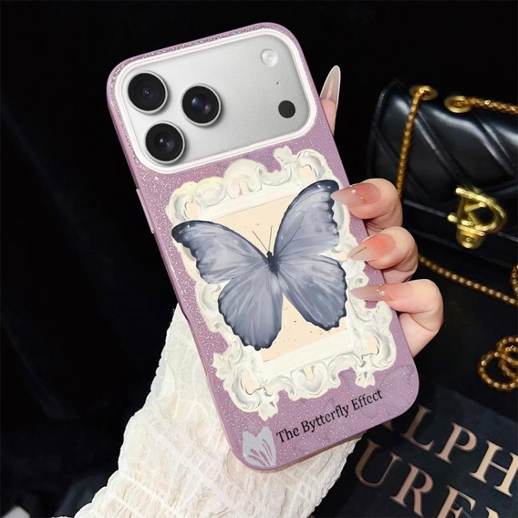 Custodia ibrida PC TPU con glitter farfalla blu per iPhone