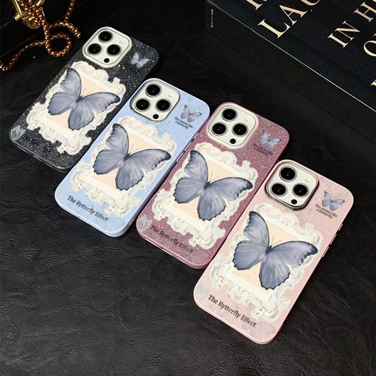 Custodia ibrida PC TPU con glitter farfalla blu per iPhone