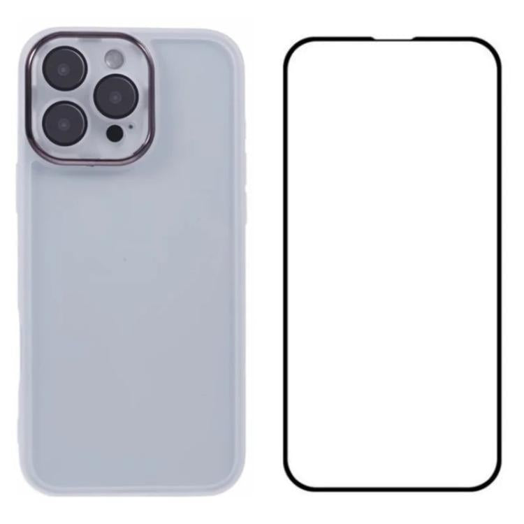 WANLONFENG Custodia per telefono in TPU traslucido con cornice galvanizzata e pellicola protettiva per lo schermo, For iPhone 16 Pro, For iPhone 16