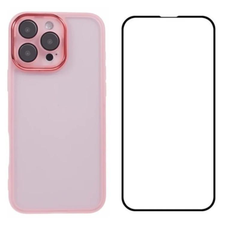 WANLONFENG Custodia per telefono in TPU traslucido con cornice galvanizzata e pellicola protettiva per lo schermo, For iPhone 16 Pro, For iPhone 16