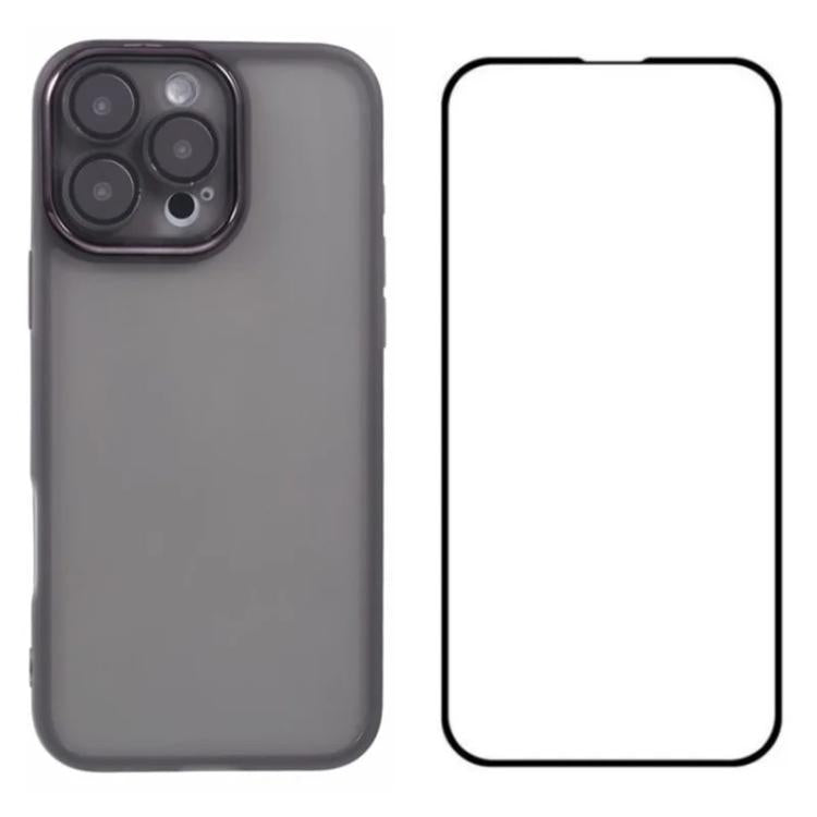 WANLONFENG Custodia per telefono in TPU traslucido con cornice galvanizzata e pellicola protettiva per lo schermo, For iPhone 16 Pro, For iPhone 16