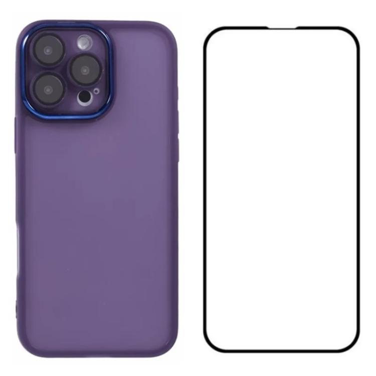WANLONFENG Custodia per telefono in TPU traslucido con cornice galvanizzata e pellicola protettiva per lo schermo, For iPhone 16 Pro, For iPhone 16