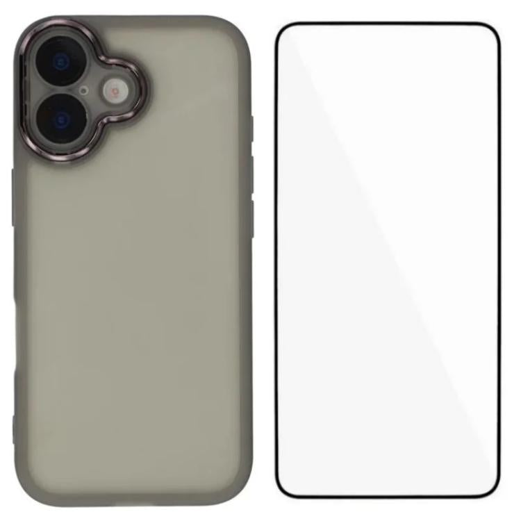 WANLONFENG Custodia per telefono in TPU traslucido con cornice galvanizzata e pellicola protettiva per lo schermo, For iPhone 16 Pro, For iPhone 16