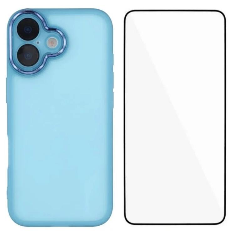 WANLONFENG Custodia per telefono in TPU traslucido con cornice galvanizzata e pellicola protettiva per lo schermo, For iPhone 16 Pro, For iPhone 16
