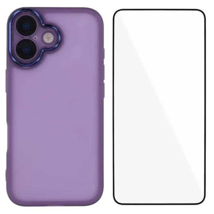 WANLONFENG Custodia per telefono in TPU traslucido con cornice galvanizzata e pellicola protettiva per lo schermo, For iPhone 16 Pro, For iPhone 16