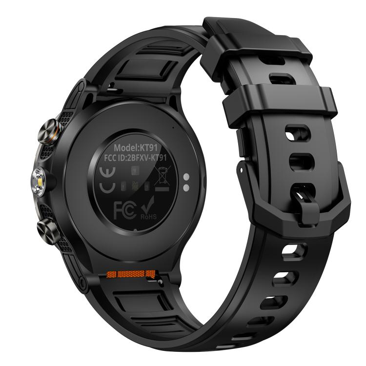 Smartwatch sportivo KT91 con display AMOLED da 1,43 pollici e torcia integrata, compatibile con il monitoraggio della salute.