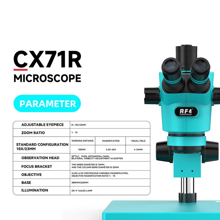 Microscopio stereoscopico trinoculare RF4 RF-CX71R 6.5-65X dal design ergonomico con ampia base in lega di alluminio., RF-CX71R