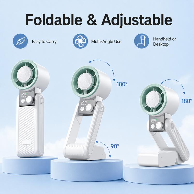 Ventilatore portatile mini pieghevole Y39 con display digitale intelligente a 199 livelli, manopola di regolazione e mini funzione di raffreddamento.
