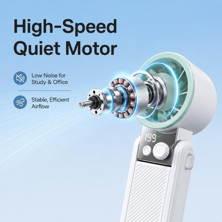 Ventilatore portatile mini pieghevole Y39 con display digitale intelligente a 199 livelli, manopola di regolazione e mini funzione di raffreddamento.