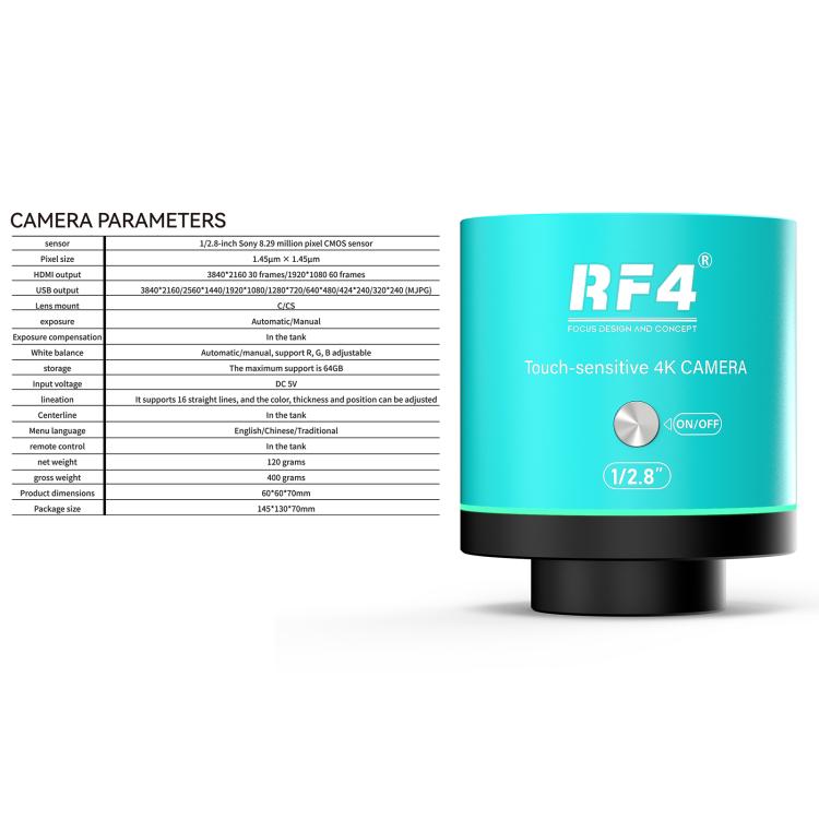 RF4 RF-4KC5 Telecamera per microscopio trinoculare con design touch 4K Ultra HD per microscopio trinoculare, RF4 RF-4KC5