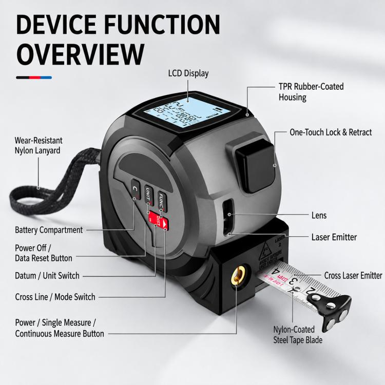 OUXIAOJIANG 3 in 1 Telemetro laser a croce portatile ad alta precisione con metro a nastro digitale, 40m, 60m