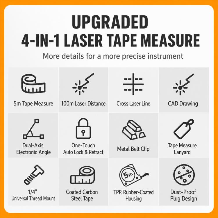 Telemetro laser a infrarossi ad alta precisione 4 in 1 con linea incrociata e Bluetooth., 40m, 60m, 80m, 100m
