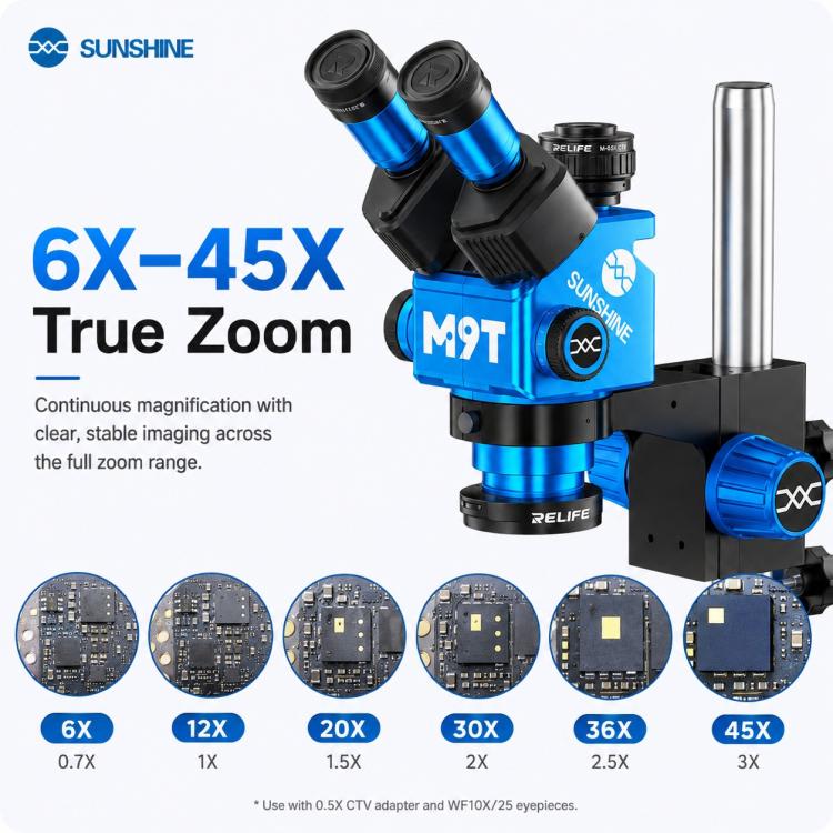 Microscopio stereoscopico trinoculare HD SUNSHINE M9T-B11 con zoom continuo 6X-45X., SUNSHINE M9T-B11