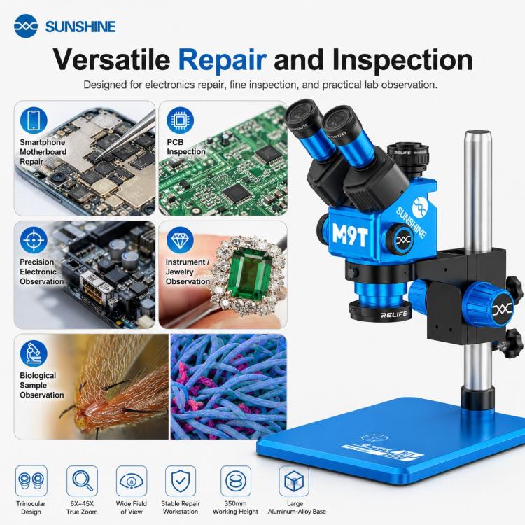 Microscopio stereoscopico trinoculare HD SUNSHINE M9T-B11 con zoom continuo 6X-45X., SUNSHINE M9T-B11