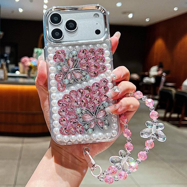 Custodia acrilico con perle e farfalla per iPhone 17 Pro Max