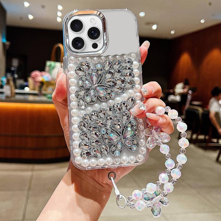 Custodia acrilico con perle e farfalla per iPhone 17 Pro Max