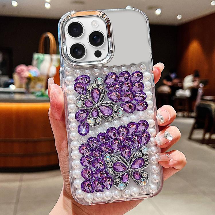 Custodia acrilico con perle e farfalla per iPhone 15 Pro Max