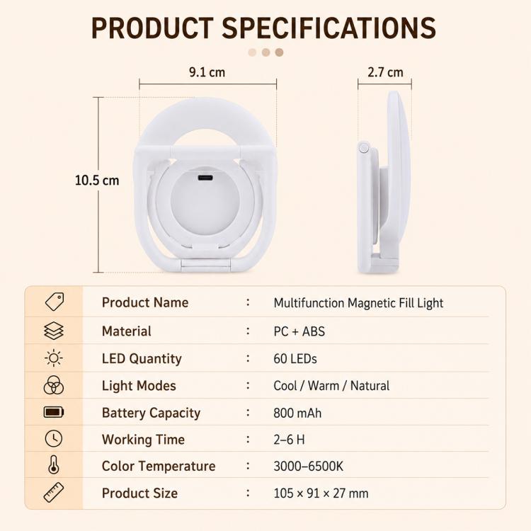 Supporto per telefono multifunzione, portatile, pieghevole e magnetico con luce di riempimento