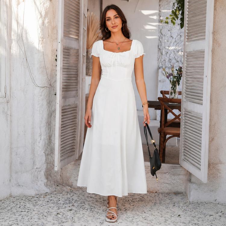 Abito donna elegante tinta unita maniche a sbuffo