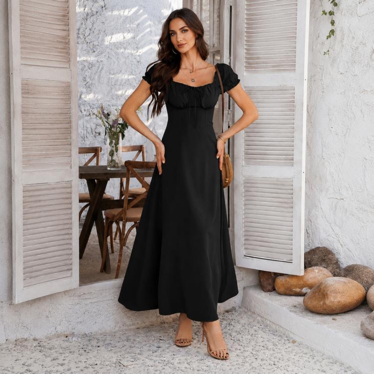 Abito donna elegante tinta unita maniche a sbuffo