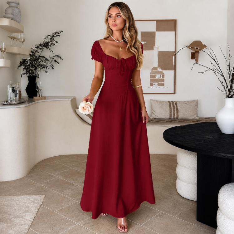Abito donna elegante tinta unita maniche a sbuffo