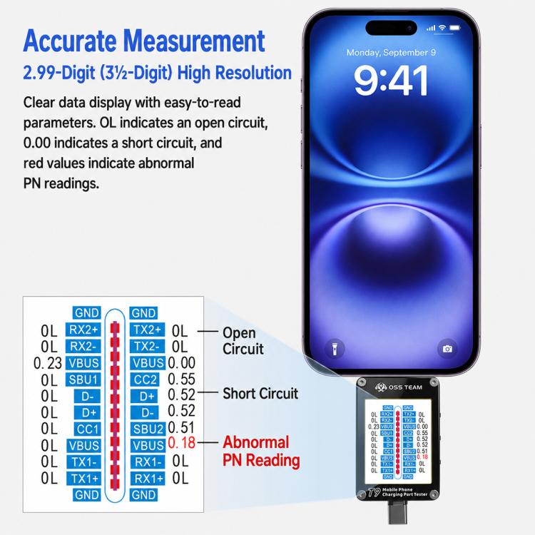 Tester per connettori Lightning e Type-C OSS T9 con display HD - immagine 2