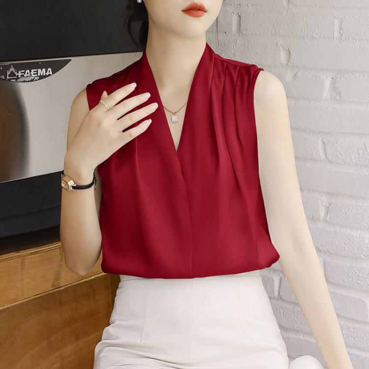 Camicetta donna in raso con scollo a V maniche lunghe