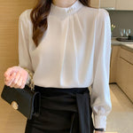 Camicetta donna in chiffon maniche lunghe collo alto perle