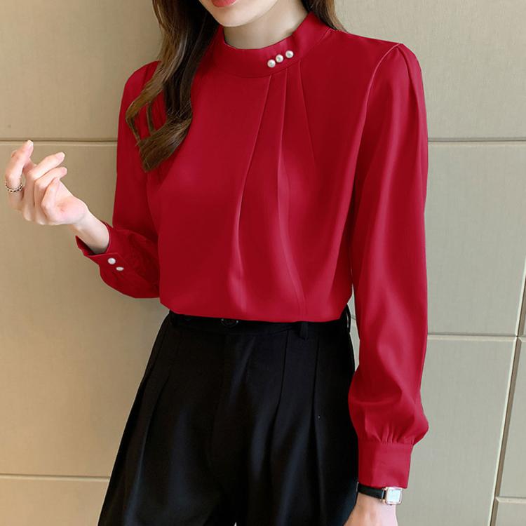 Camicetta donna in chiffon maniche lunghe collo alto perle