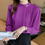 Camicetta donna in chiffon maniche lunghe collo alto perle