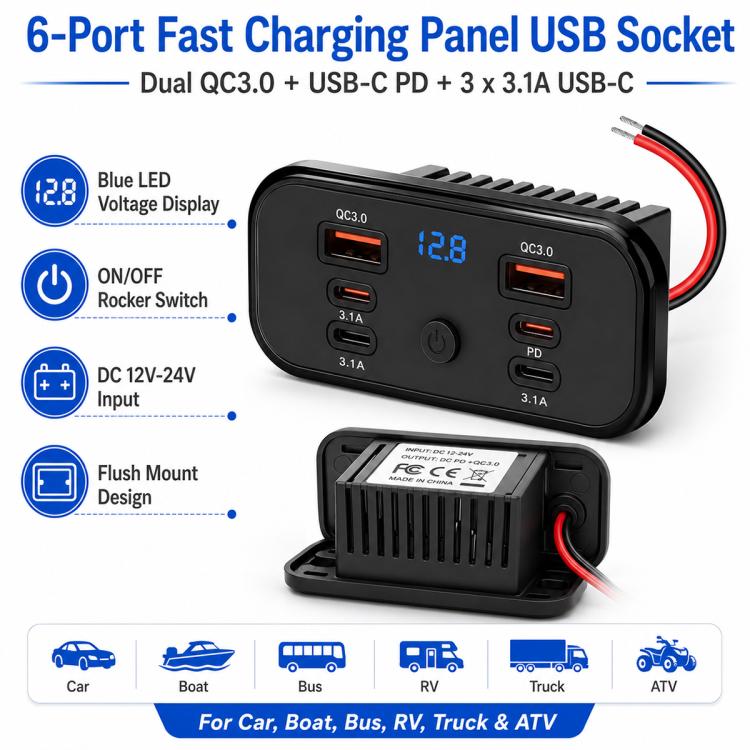 Modifica auto Caricabatterie da auto USB-C a ricarica rapida con voltmetro, Multi-Ports