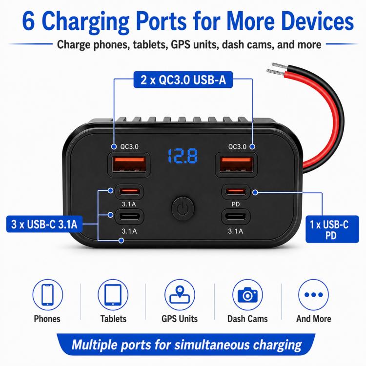 Modifica auto Caricabatterie da auto USB-C a ricarica rapida con voltmetro, Multi-Ports