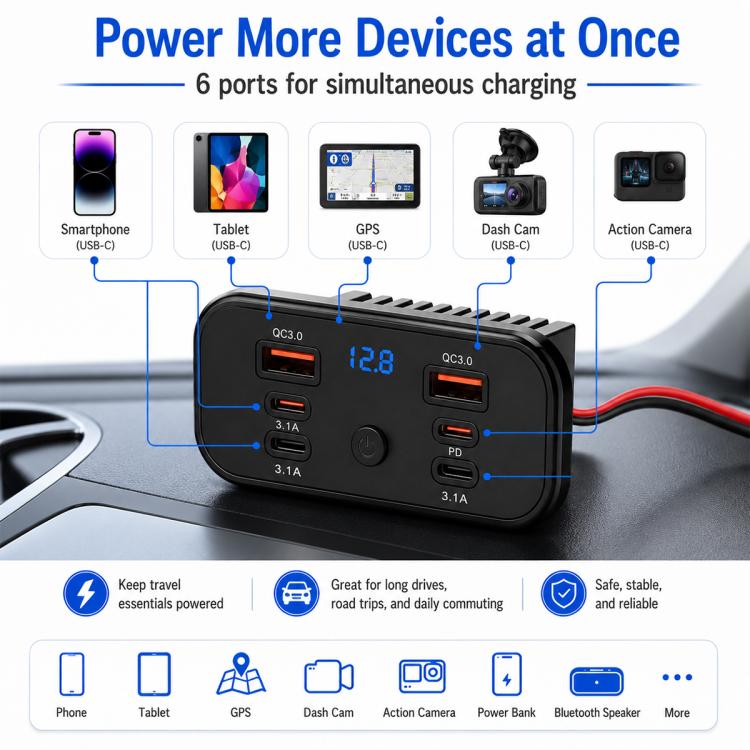 Modifica auto Caricabatterie da auto USB-C a ricarica rapida con voltmetro, Multi-Ports