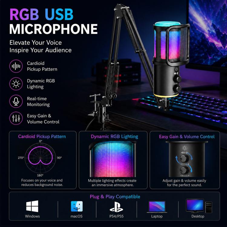 Microfono USB ONIKUMA M530 RGB con braccio per gaming e streaming - immagine 5