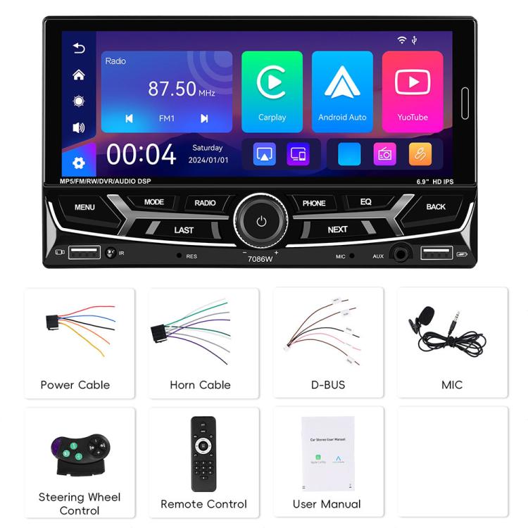 Lettore MP5 wireless auto 6,9" con CarPlay e doppio snodo