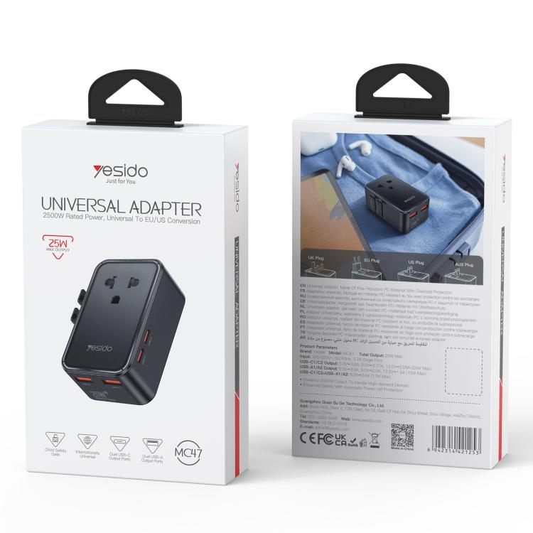 Adattatore da viaggio universale Yesido MC47 GaN 25 W, 4 porte - immagine 16