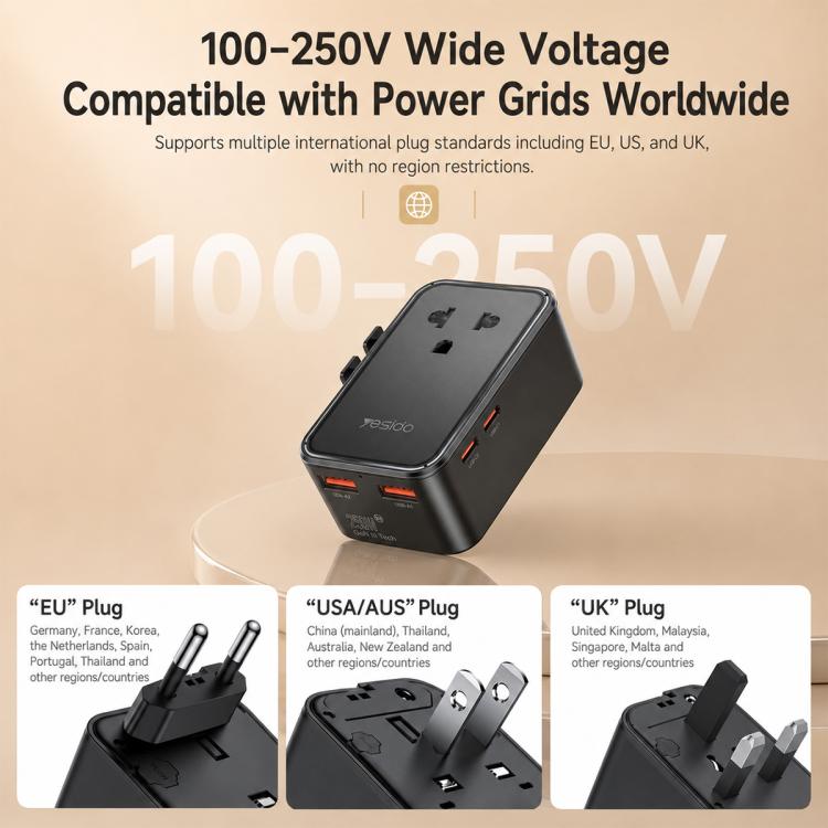 Adattatore da viaggio universale Yesido MC47 GaN 25 W, 4 porte - immagine 8